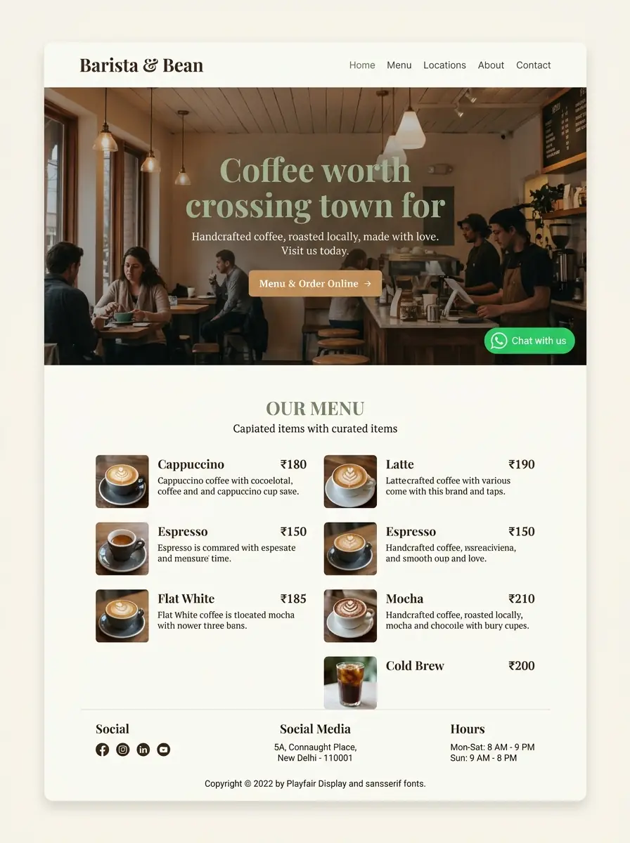 Barista & Bean café demo website showing menu, hours, and WhatsApp button