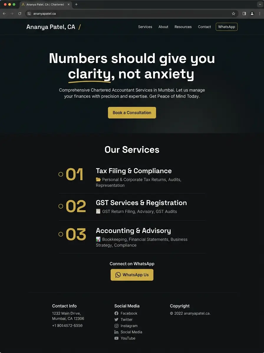 Ananya Patel CA demo website showing services, credentials, and contact form
