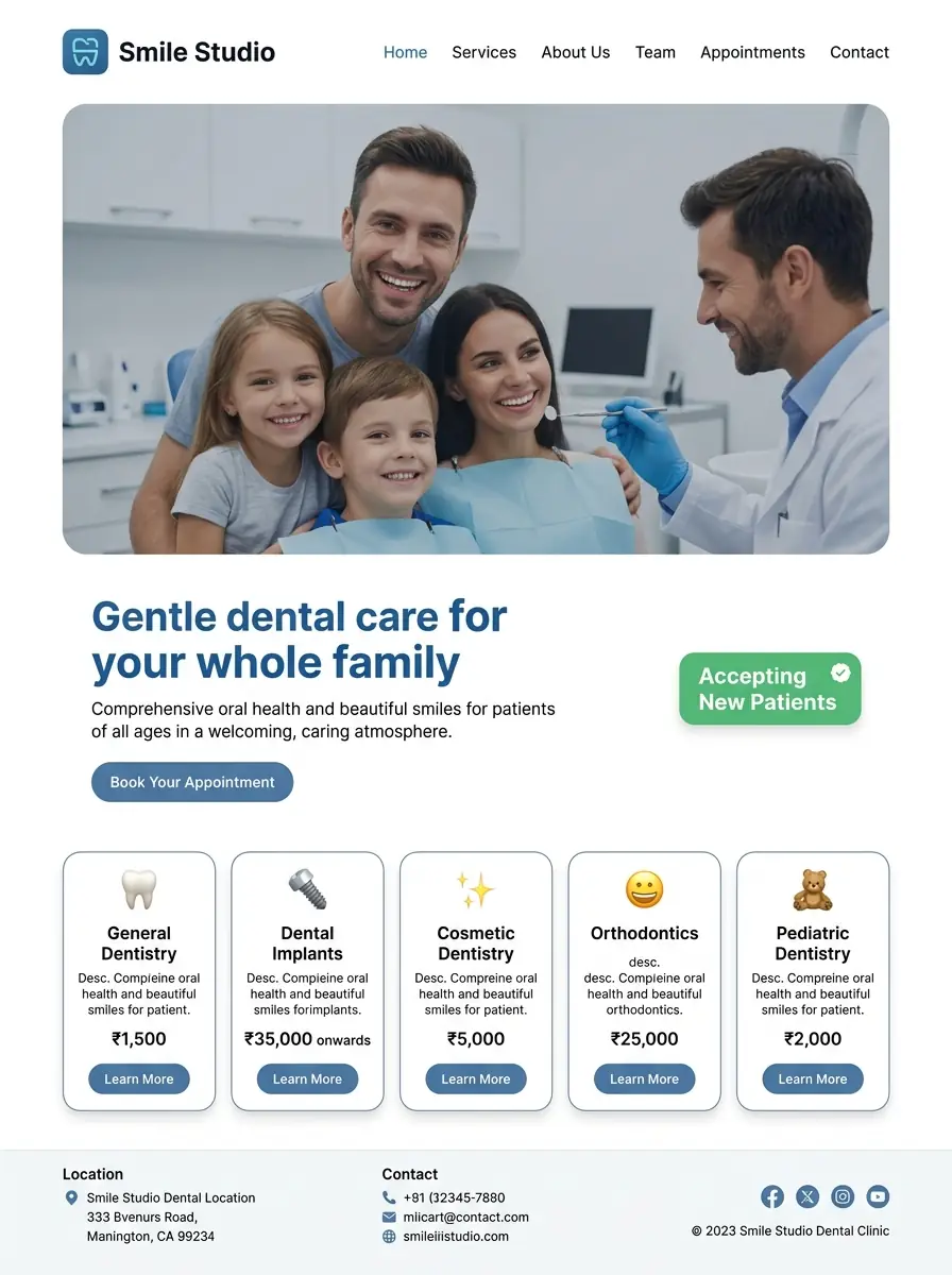 Smile Studio dental clinic demo website showing services, timings, and booking
